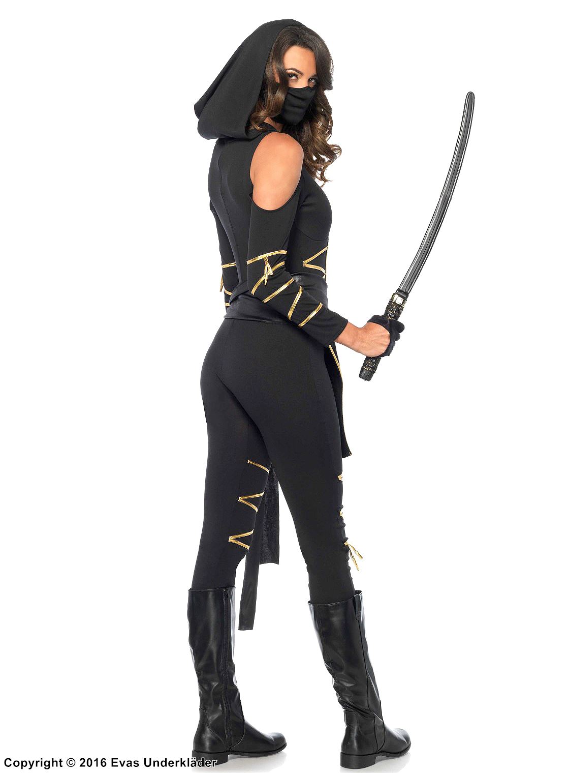 Kvinnlig ninja (aka kunoichi), maskerad-body med cold shoulder, huva och midjeband, drake